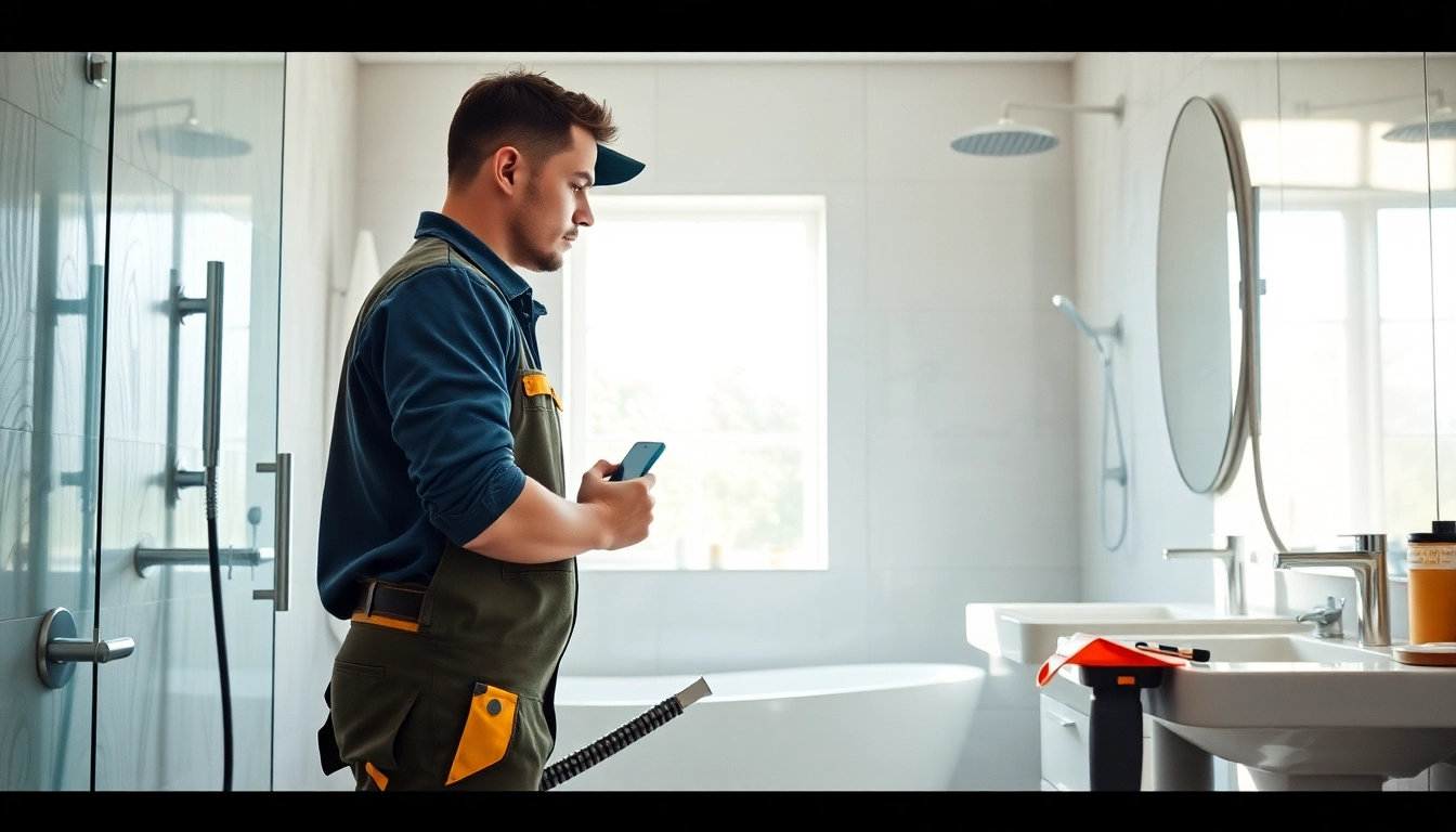 Technician installing a shower, representing sunny shower usa inc services in a modern bathroom.