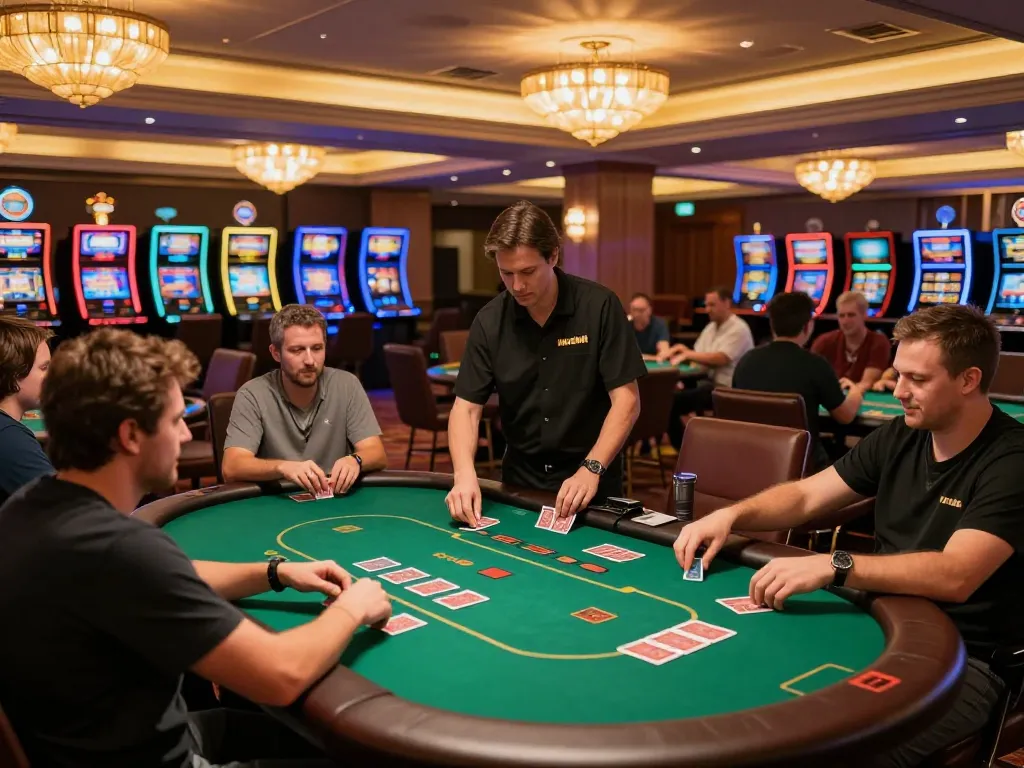 Players enjoy strategic poker games at ManClub casino, showcasing engagement and excitement in a vibrant atmosphere.