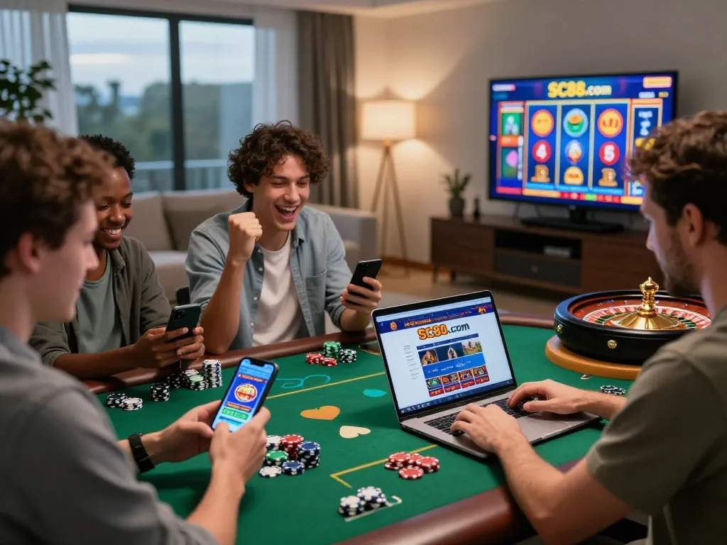 Cheerful players celebrating on SC88.com mobile and laptop, vibrant gaming atmosphere.