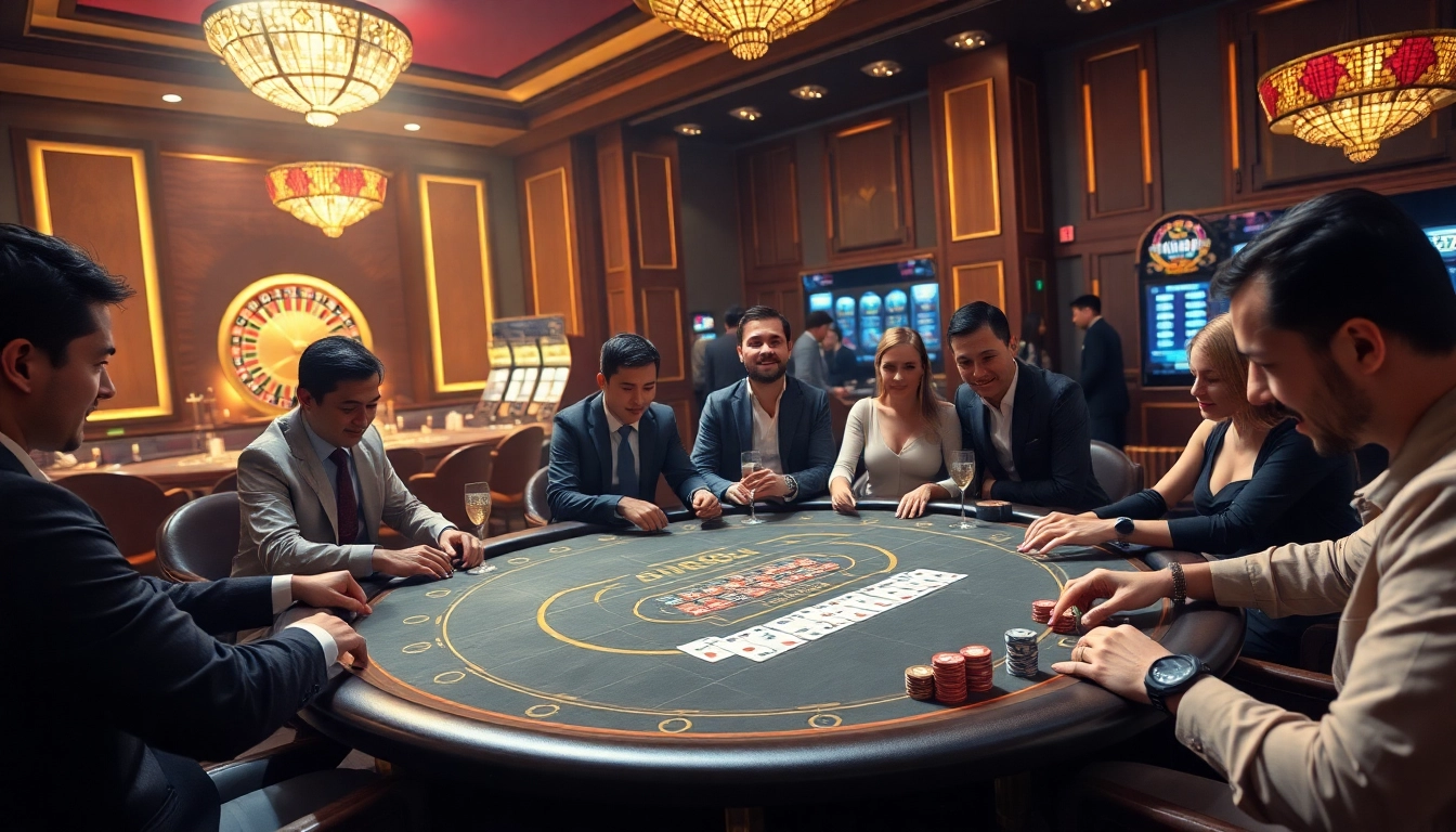 RR88 casino scene showcasing poker chips and cards on an elegant table with diverse players.