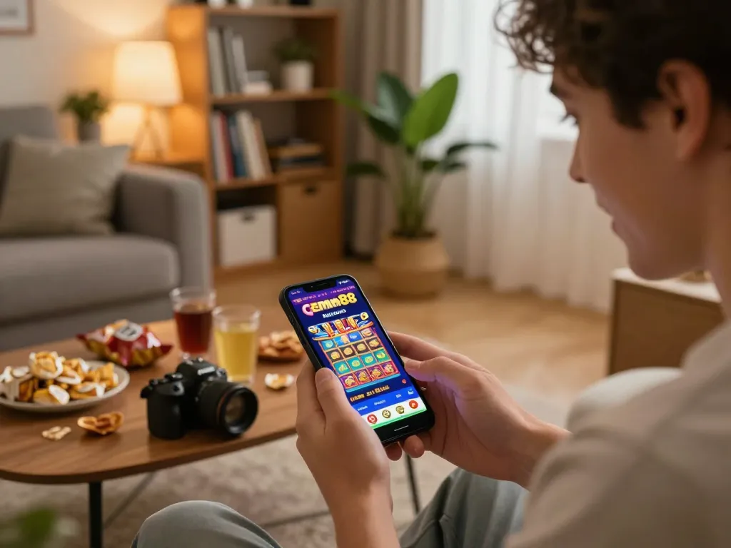 Player using the gem88 casino app on smartphone in cozy living room while enjoying snacks.