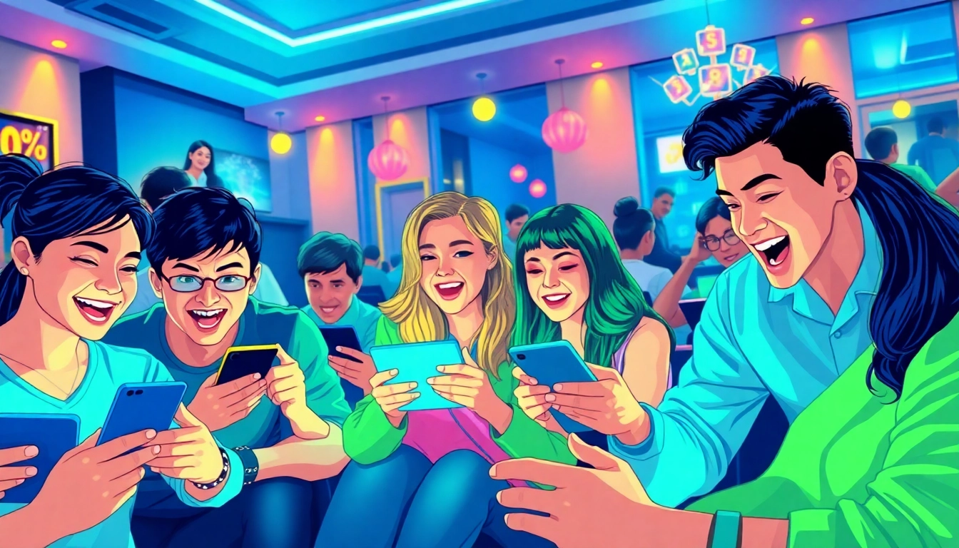 Excited players engaging with Tải GO88 games on devices in a vibrant gaming lounge.