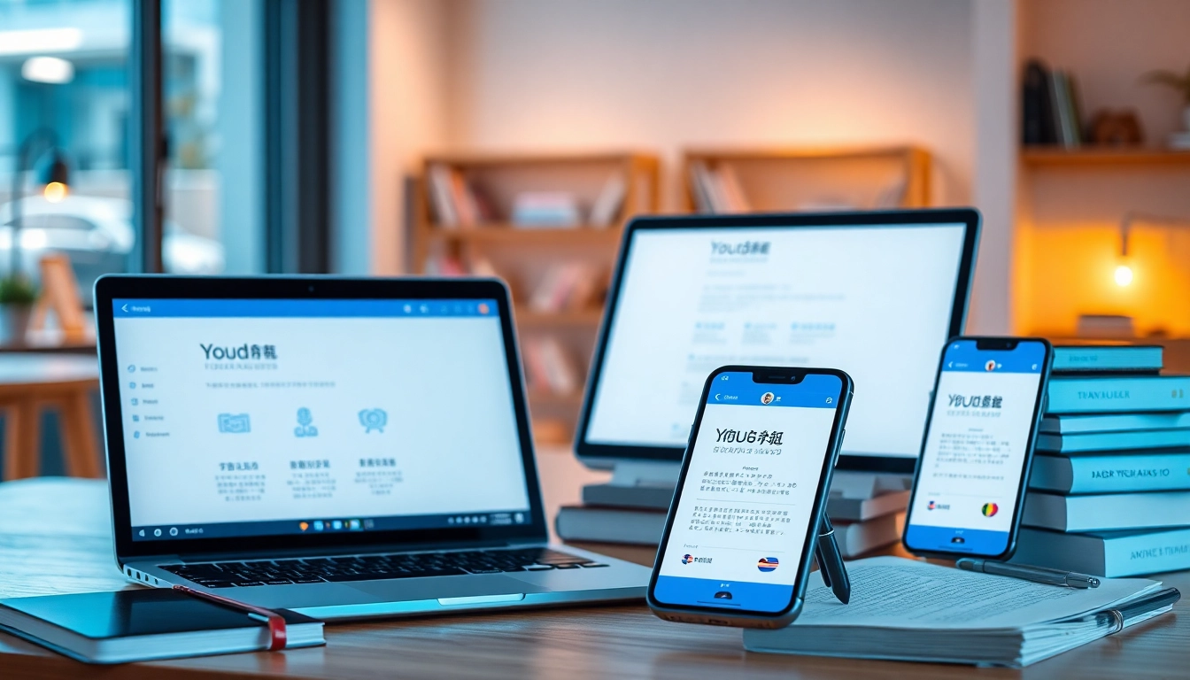 Youdao translation app displayed on devices in a modern learning environment