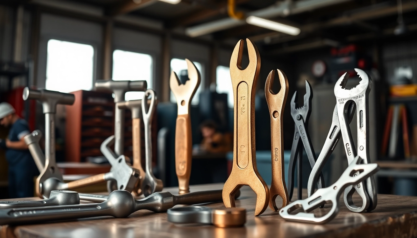 Ampco safety tools displayed prominently in a workshop, showcasing non-sparking and corrosion-resistant features.