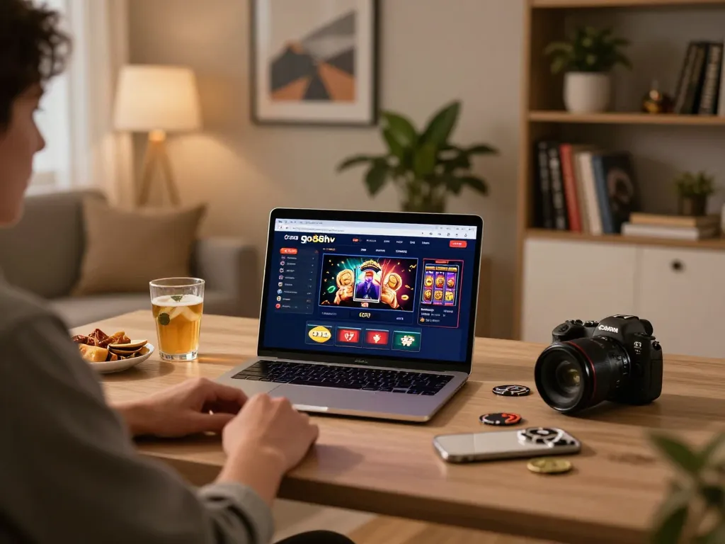 Player enjoying go88hv online gaming on laptop in a cozy home environment with snacks.