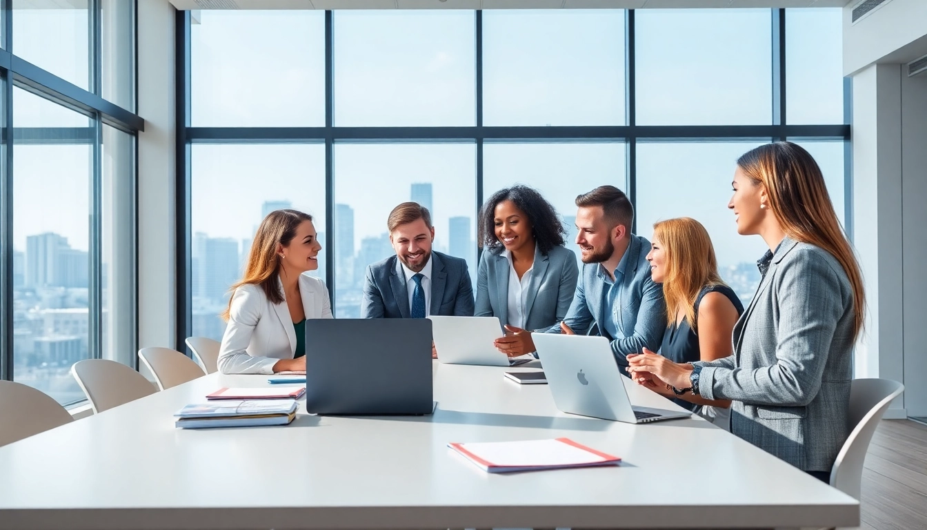 Quickplus Business Consultants collaborating in a professional office environment, highlighting teamwork.