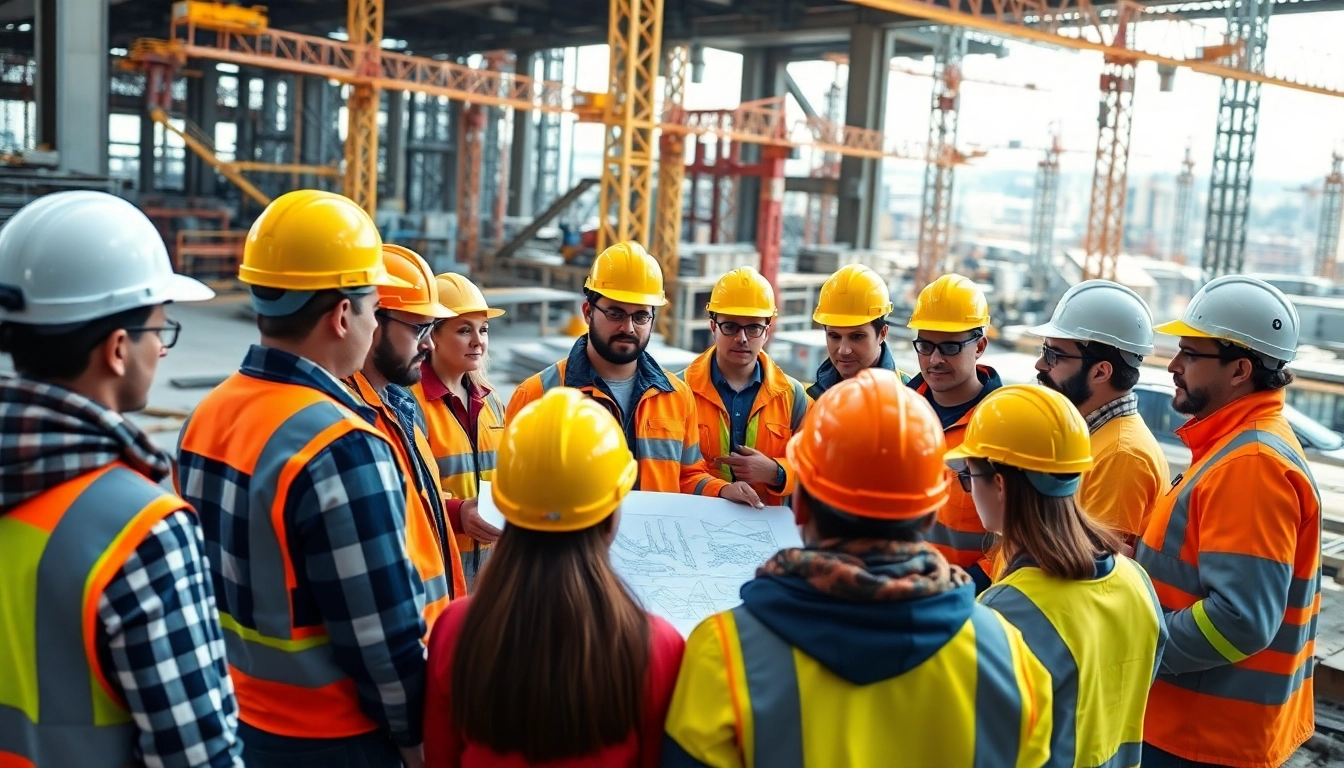 Workers participating in construction site safety training, wearing hard hats and engaging actively.