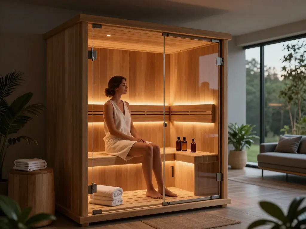 Relaxing sauna 3D visualization with serene ambiance and modern design elements.