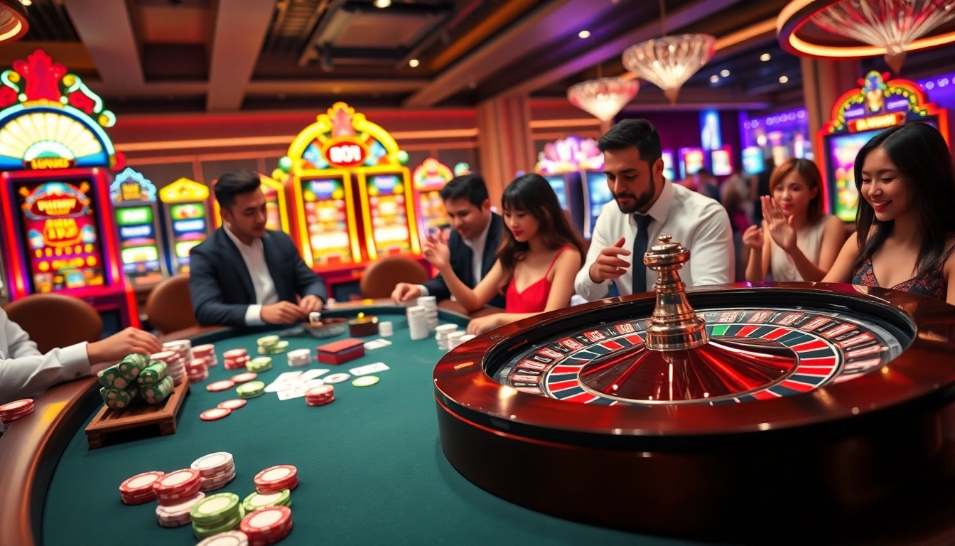 Exciting casino gaming scene at Nhà Cái 68VIP with poker chips and roulette wheel.