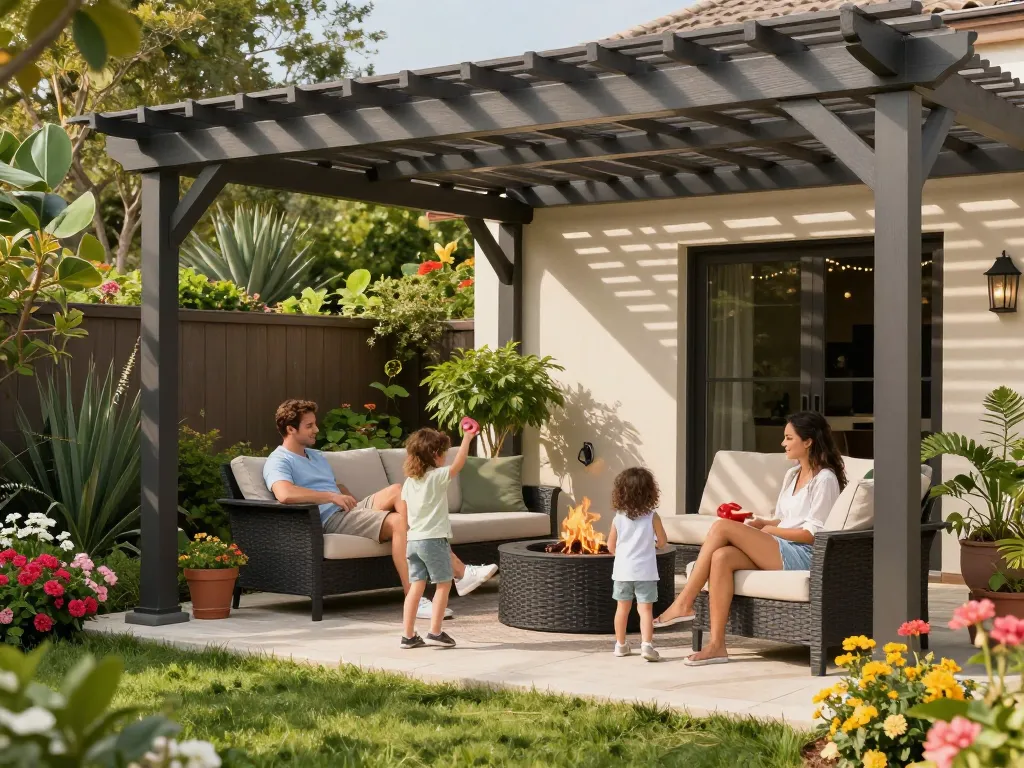 3D pergola configurator in a family-friendly garden setting with a cozy atmosphere.