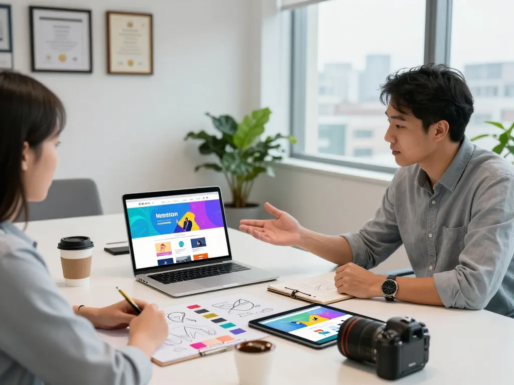 Hire web designer in a professional consultation, showcasing vibrant portfolio and collaborative workspace.