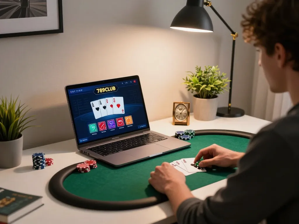 Player winning at online poker on 789clubb platform, focused atmosphere, strategic gaming environment