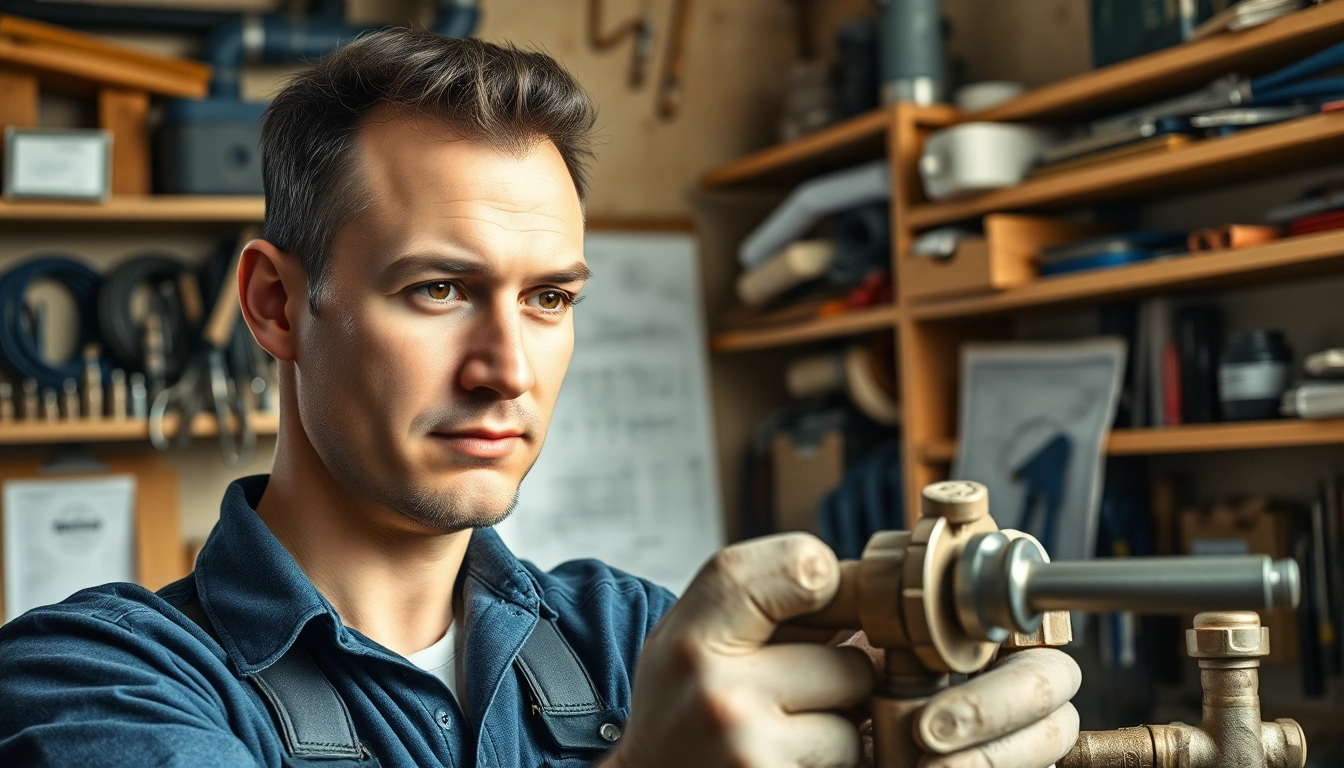 Engaged plumber showcasing techniques during a plumbing apprenticeship with tools around.