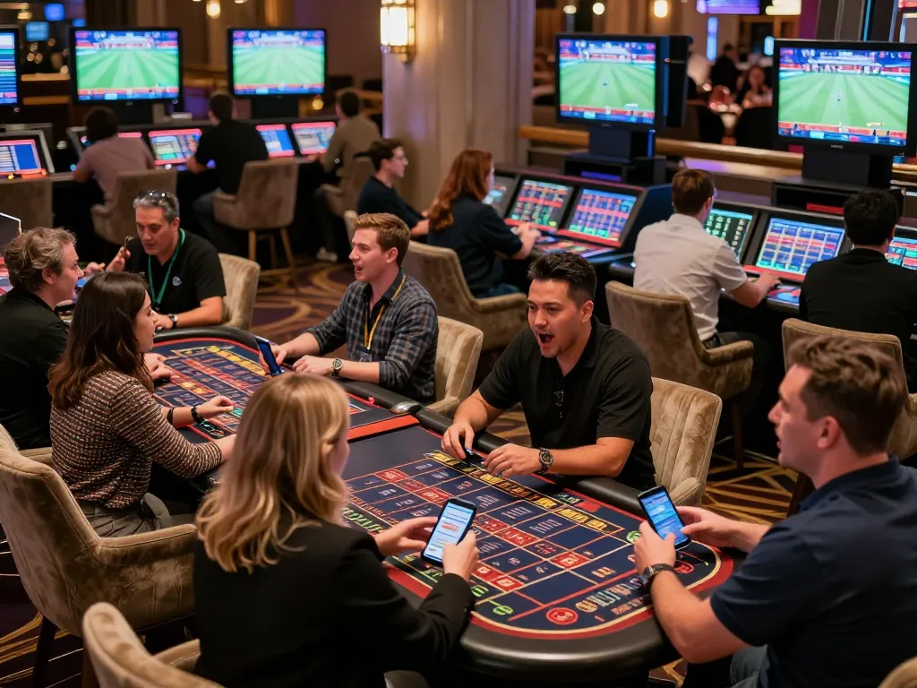 FC88 players engaged in live sports betting excitement in a vibrant casino lounge.