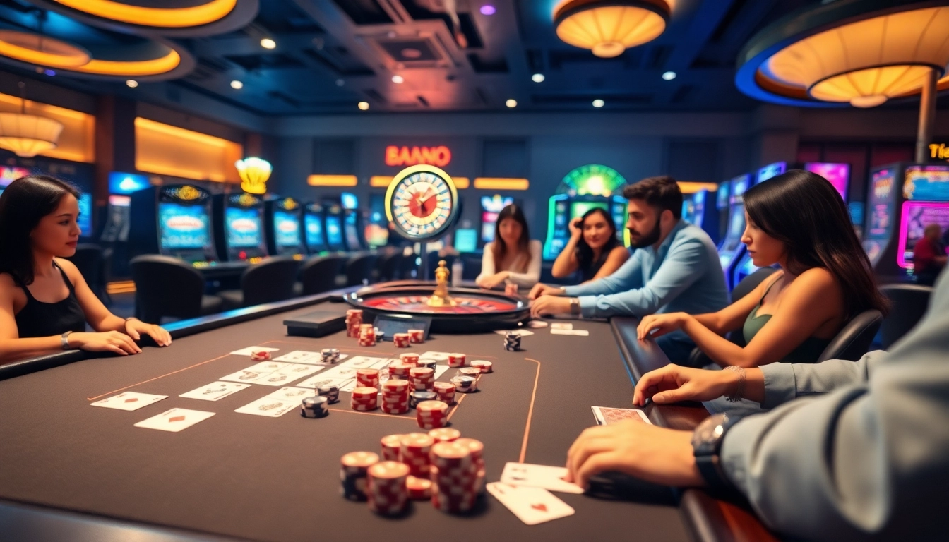A dynamic scene of players engaging at XX88 casino tables, highlighting poker chips and a roulette wheel in play.