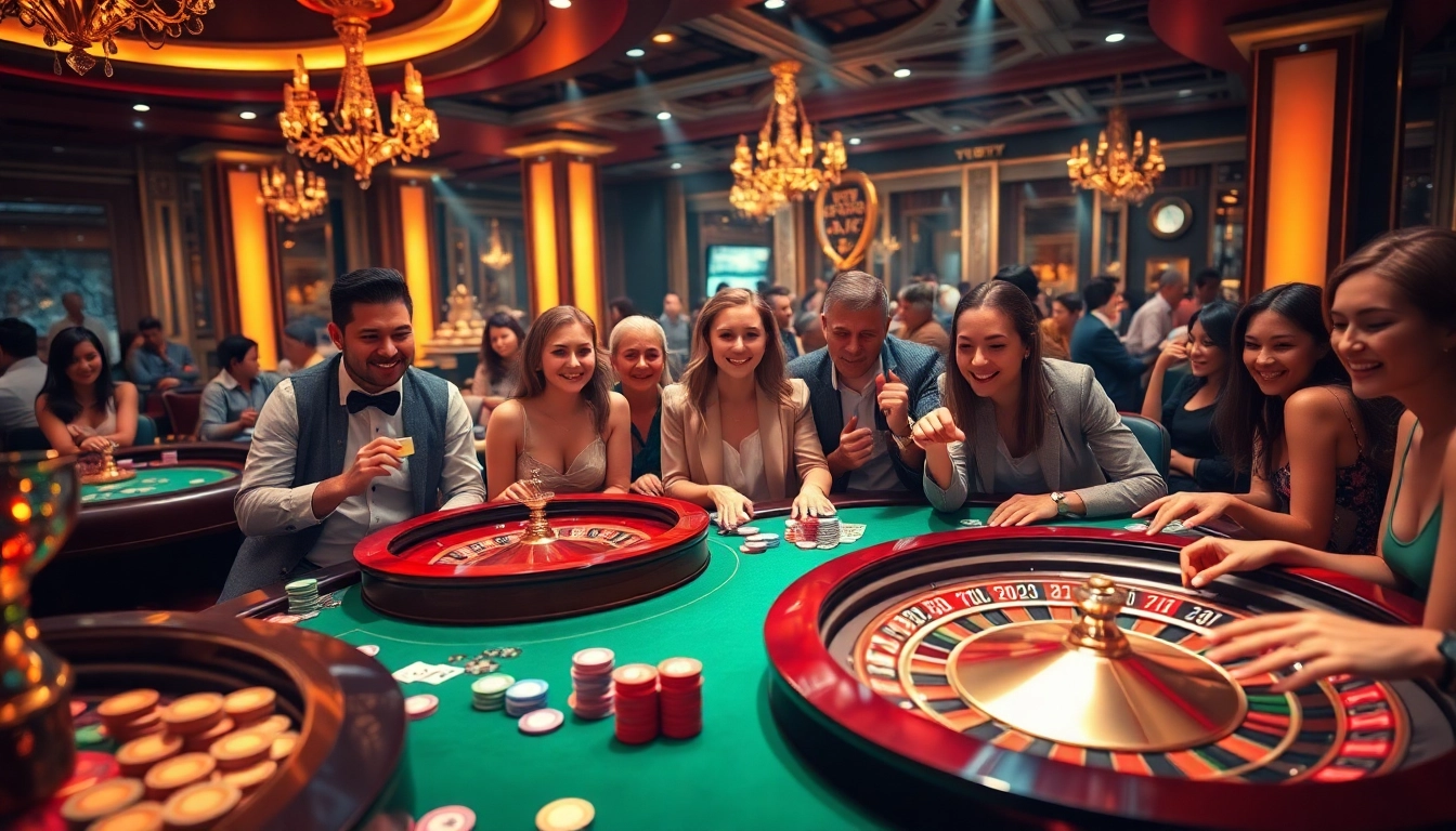 B52 casino players enjoying an exciting table game with vibrant poker chips and cards.