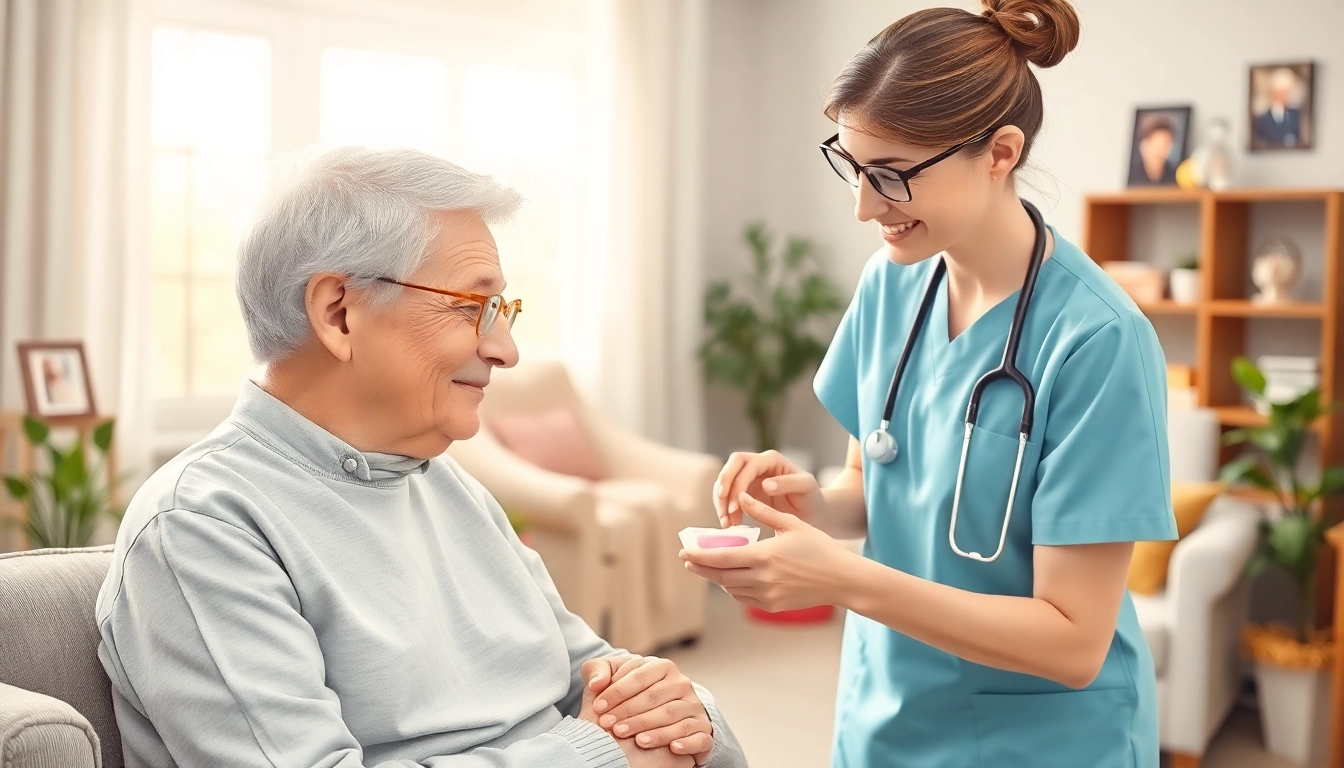 Care at home: caregiver providing attentive support to an elderly individual in a cozy living room.