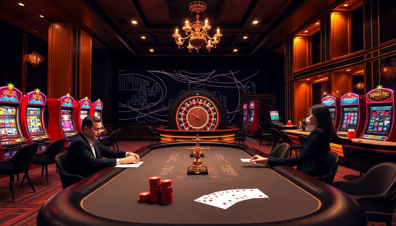 Experience the thrill of gaming at thabet chính thức with a luxurious casino scene featuring poker and roulette.