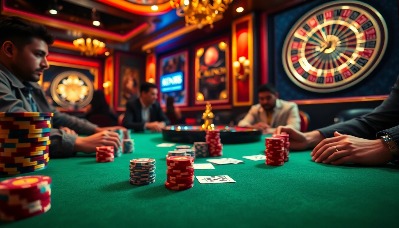 KONG88 poker players engaged in an intense game at a luxurious casino table.