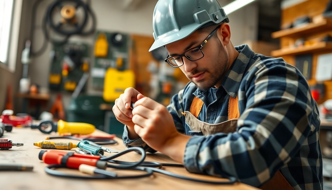 Electrician demonstrating skills during a contractor apprenticeship in a training workshop.
