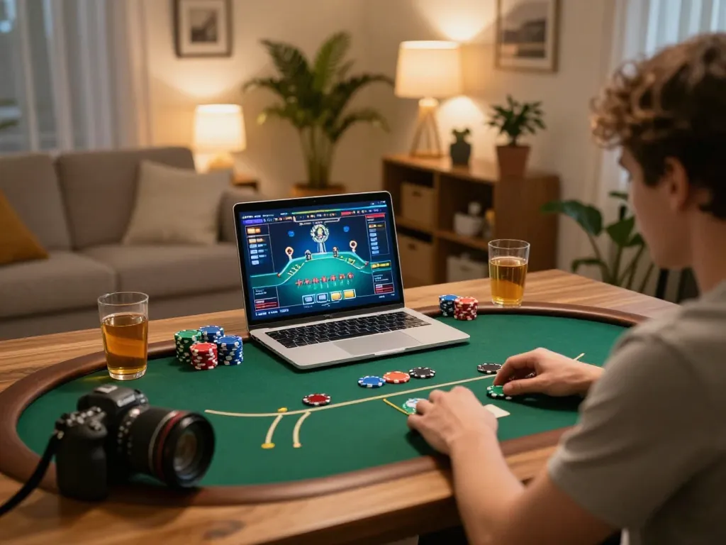 Player focused on a poker game on their laptop reflecting 5699 betting strategies at home.
