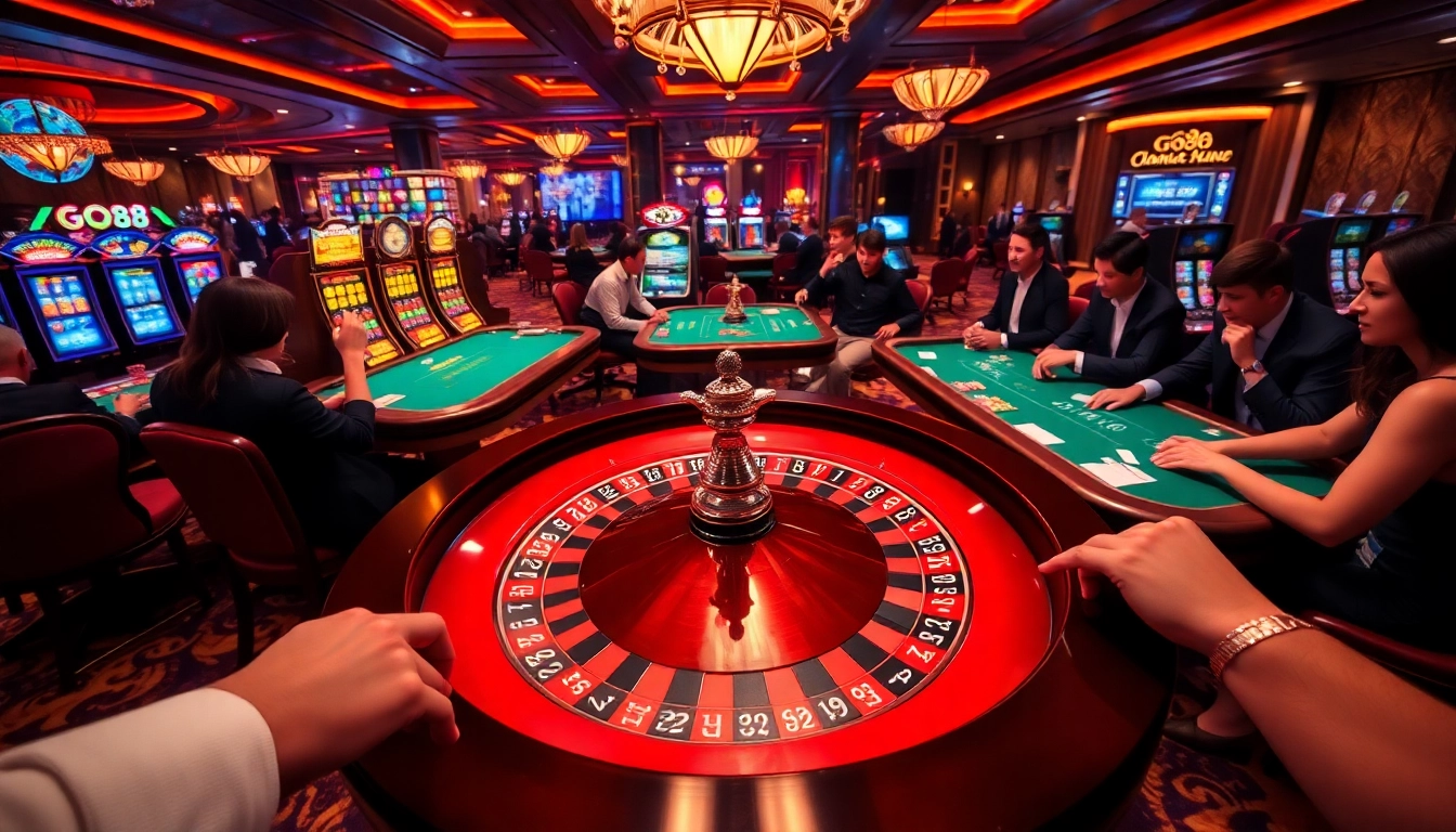 Players enjoying thrilling games at a luxury casino, GO88 branding visible in the background.