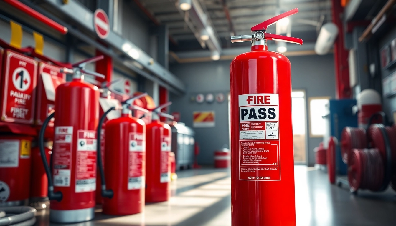Show a vivid pass fire extinguisher among essential fire safety equipment in a professional setting.