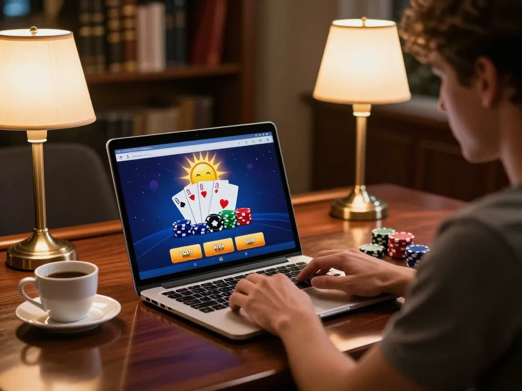 Playing poker on the sun win app at home, showcasing a cozy gaming environment with intense focus.