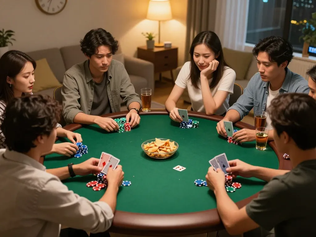 Friends enjoying poker night with cards and chips at the table, showcasing immersive fun at https://fc88.today.