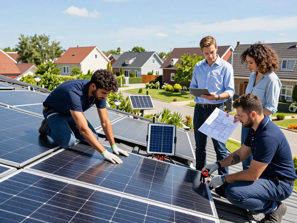 Technicians installing HJT-technologie zonnepanelen on a residential rooftop, showcasing teamwork and innovation in solar energy.