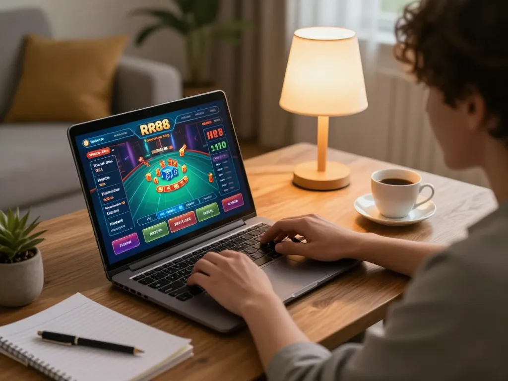 Player enjoying an online gaming session at RR88 with a laptop and strategic notes.