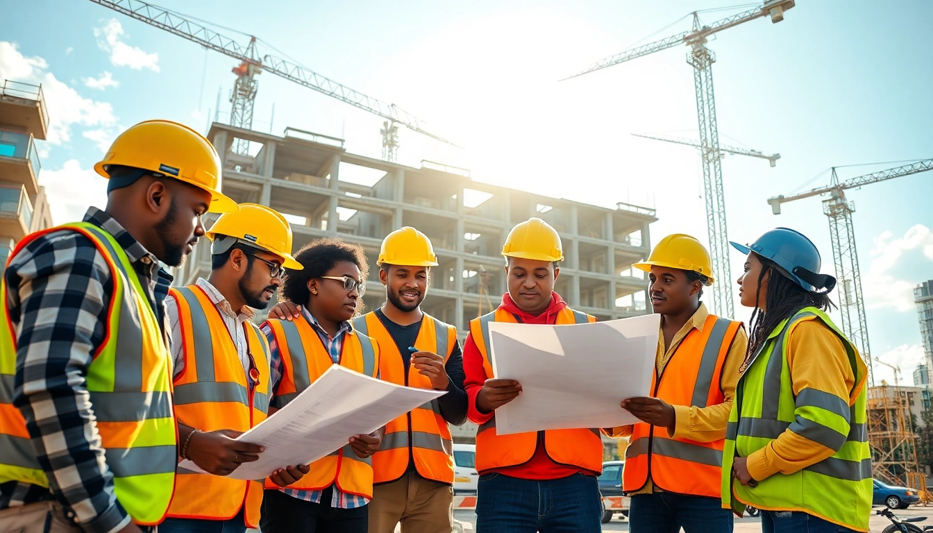 Construction workforce development illustrated by diverse workers collaborating on a building site.
