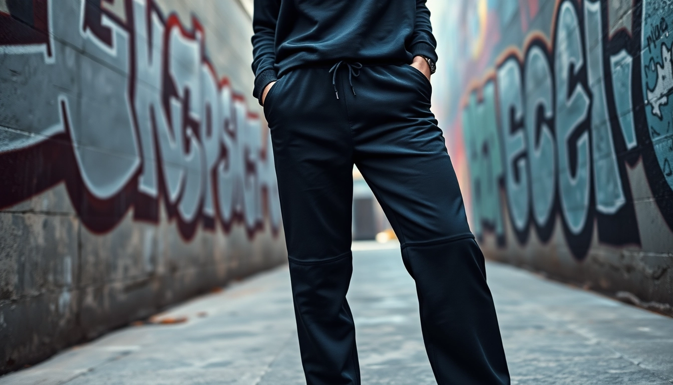 Confident model wearing black sweatpants in a vibrant urban setting showcasing style and comfort.