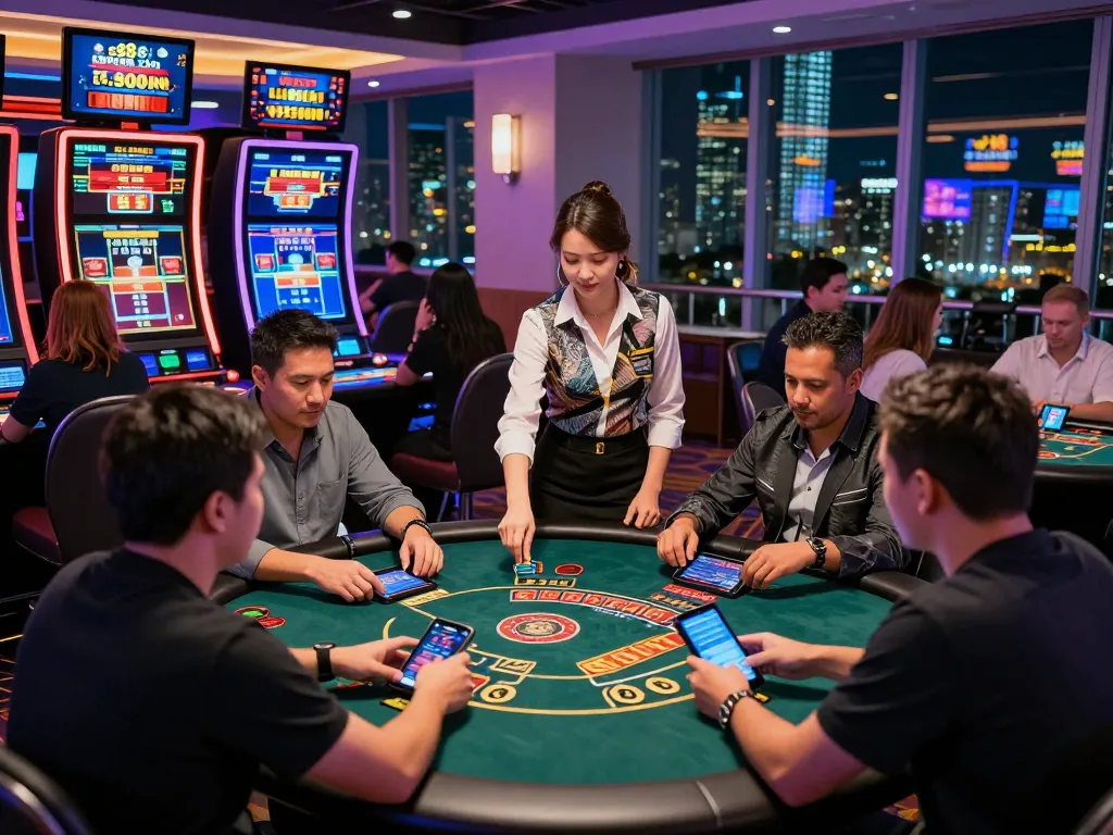 Players engaging in various games at sc88 com’s high-tech casino, vibrant atmosphere.