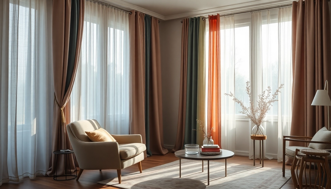 Stof voor gordijnen voorbeeld in een stijlvolle woonkamer met gezellige decoratie.