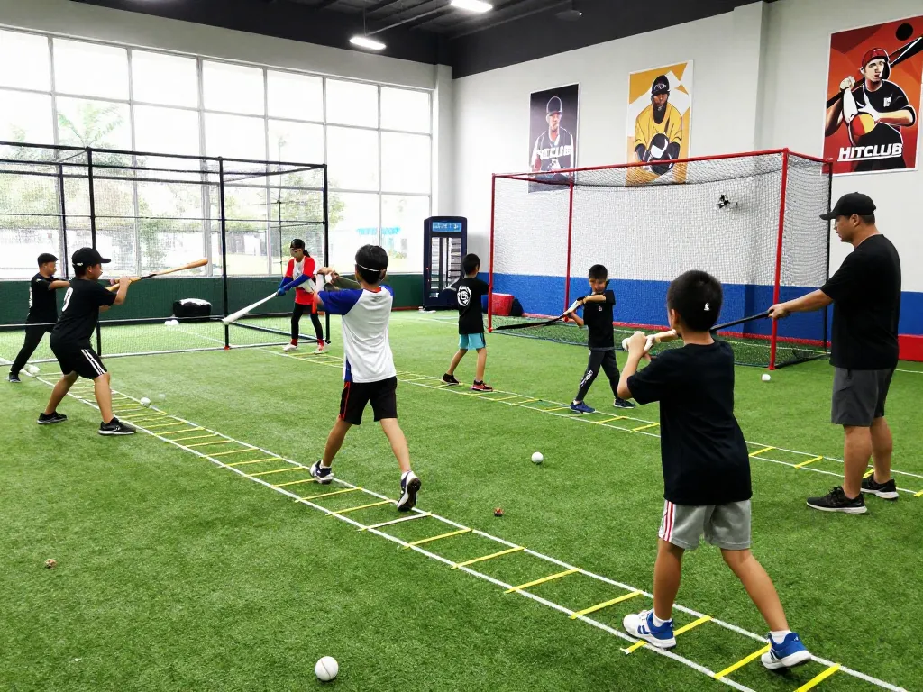 Young athletes training at Hitclub's indoor baseball facility, showcasing skills and teamwork in an energetic atmosphere.