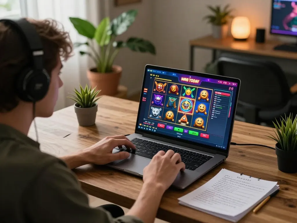 Engaged user enjoying MM88 TODAY online casino gameplay on a laptop with strategy notes at hand
