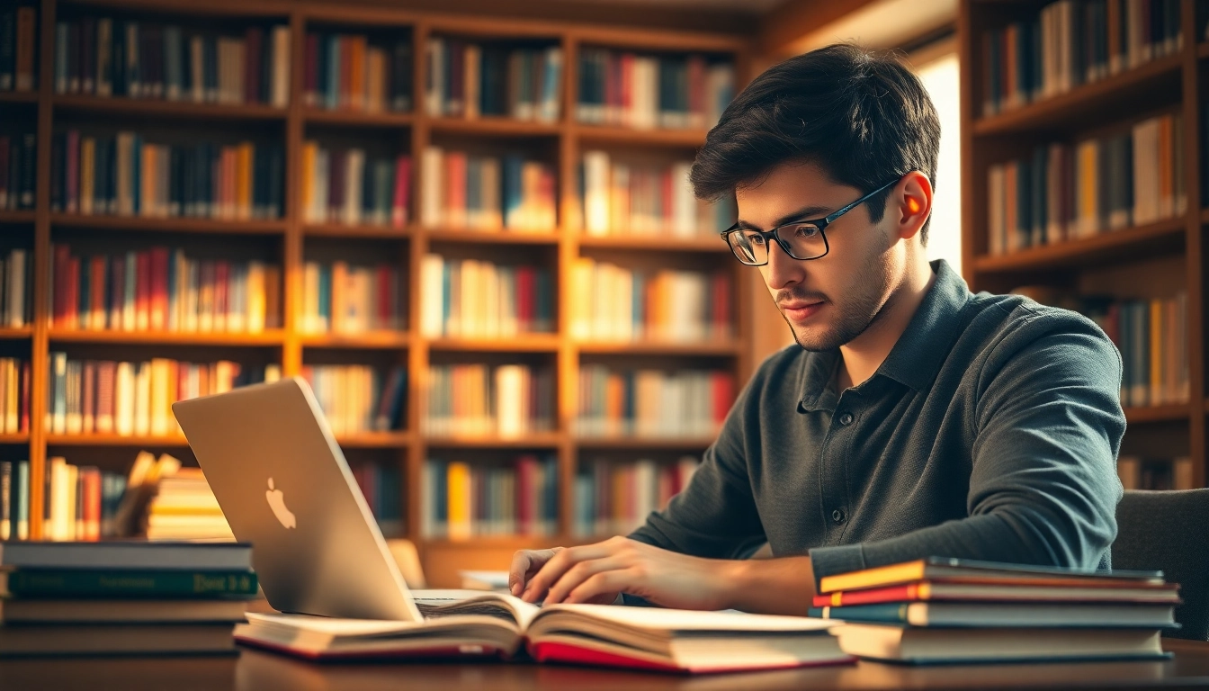 Hire someone to take TOEFL, showing a focused student in a warm library.