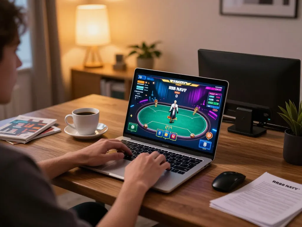Engaging in thrilling poker gameplay on RR88 NAVY from a cozy home setup