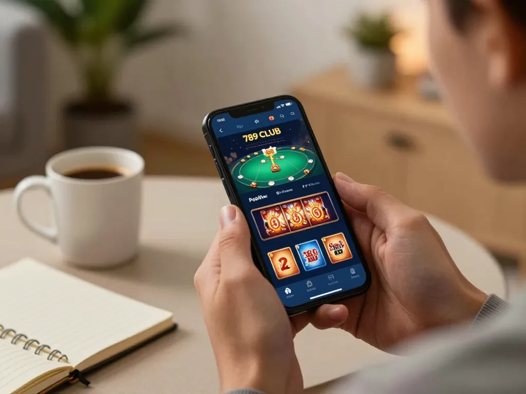 Engaged player using the 789 CLUB app to explore online casino games in a cozy home setting.