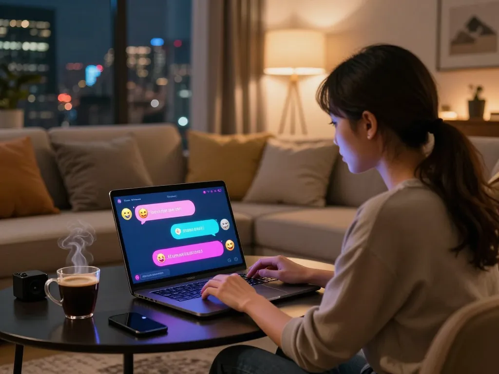 User enjoying a free AI sex chat on a laptop in a cozy digital setting with city skyline lighting.
