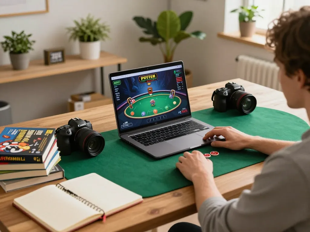 Person engaging in an online poker game at f168biz.com on a cozy laptop setup, showcasing a dynamic gaming atmosphere.