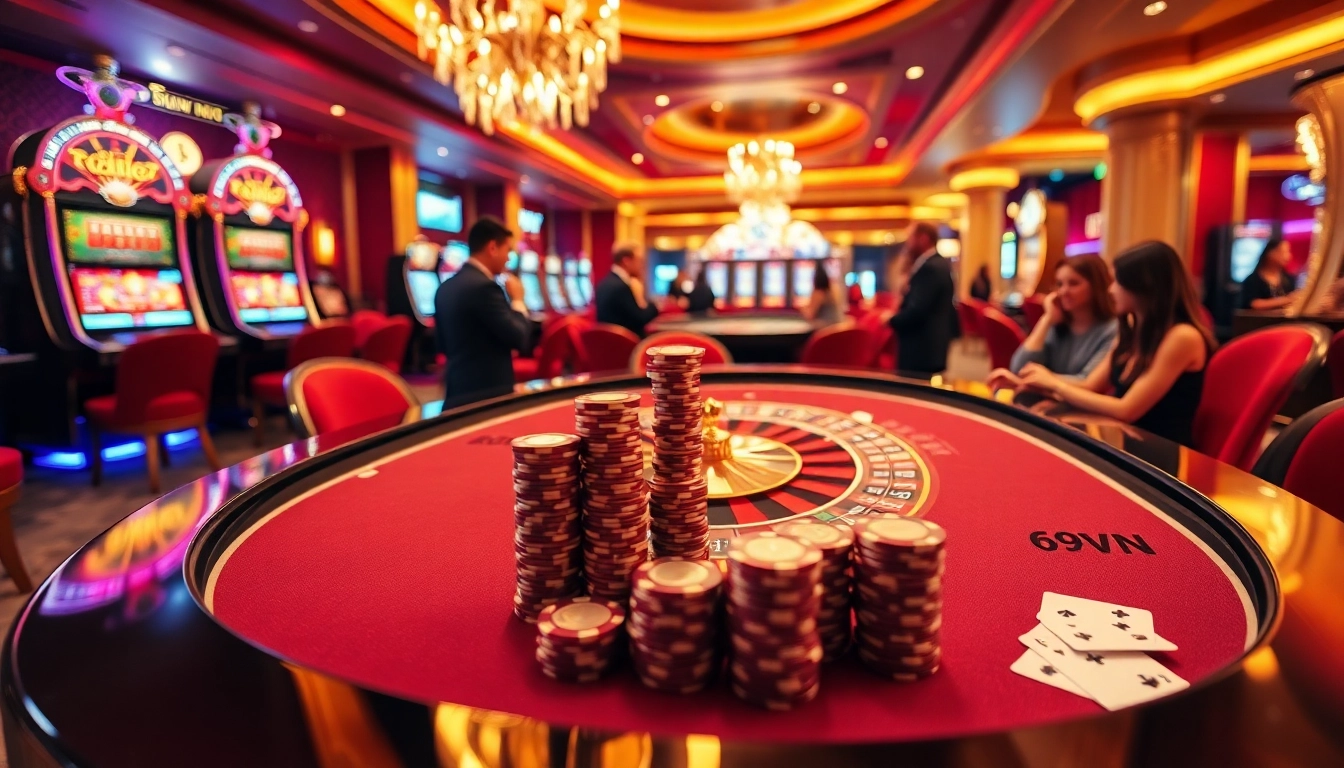 Excited players enjoying a thrilling moment at the 69VN casino table with luxurious ambiance.