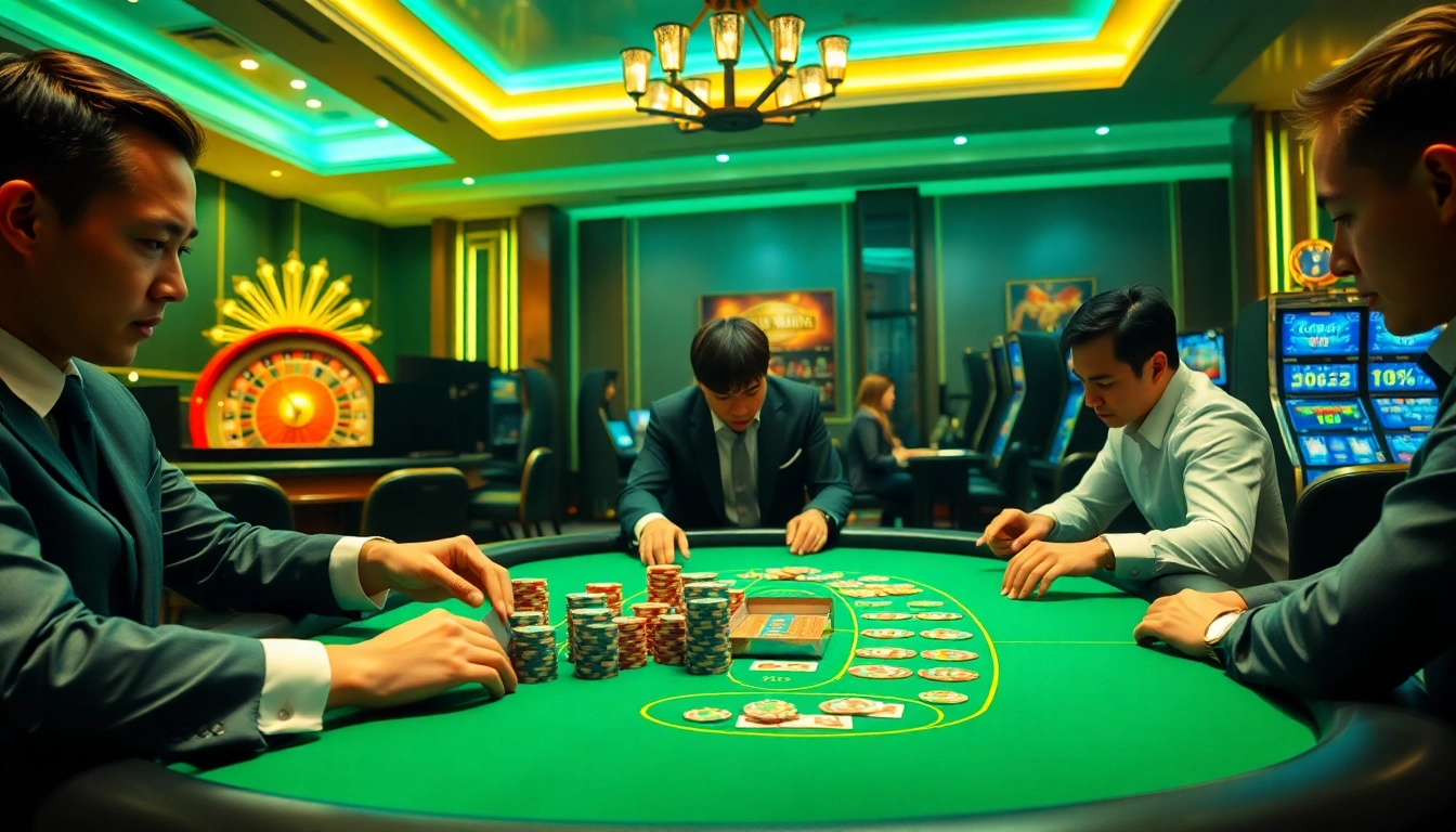 Players enjoying high-stakes poker at Nhà Cái 68VIP, showcasing luxury and excitement.