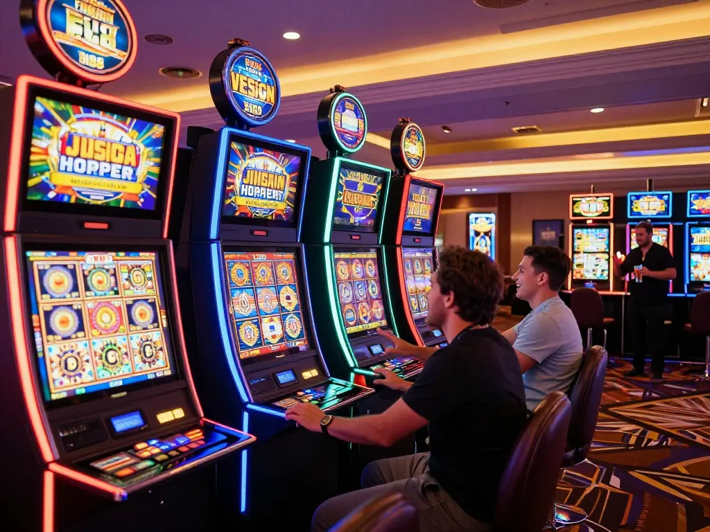 Engaging slot machine gameplay at F168 casino, players interacting with vibrant machines.