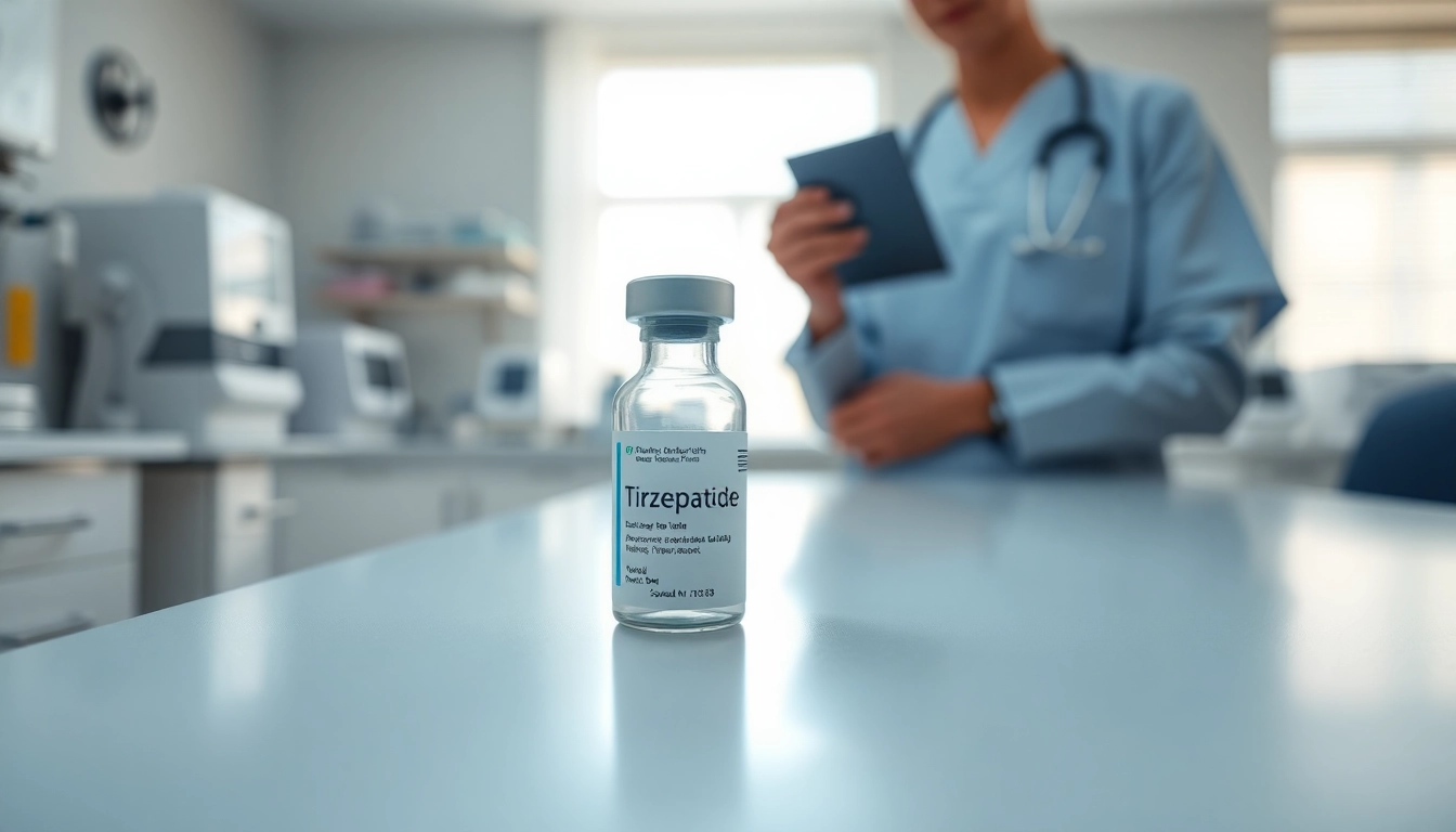 Tirzepatide vial being analyzed by a healthcare professional in a clinical setting.