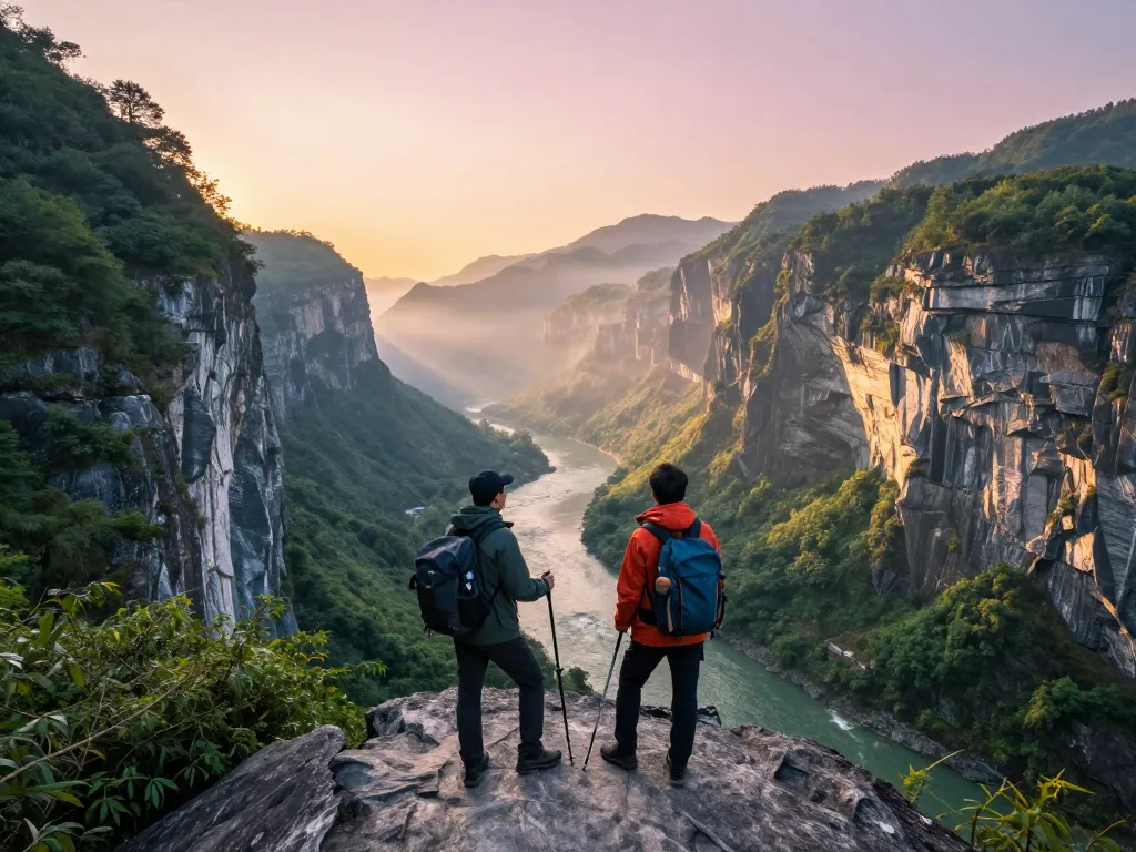 Explorers at the breathtaking Taroko Gorge Taiwan surrounded by stunning cliffs and sunrise light.