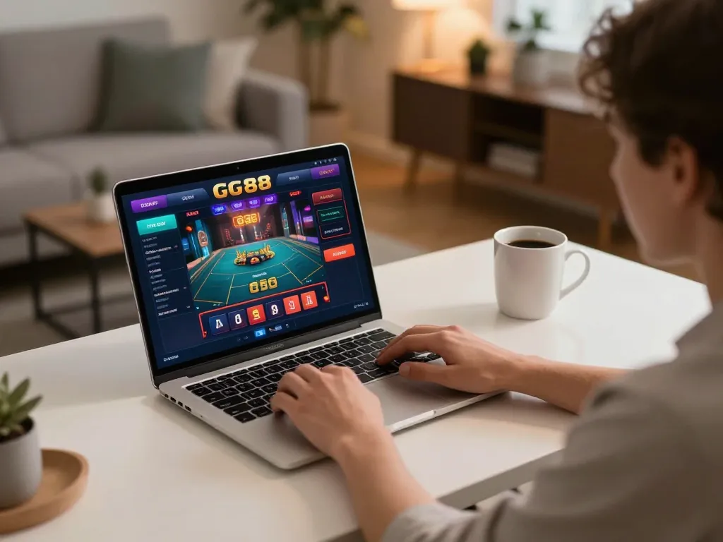 Engaging in online gaming at GG88 with a laptop showcasing casino interface