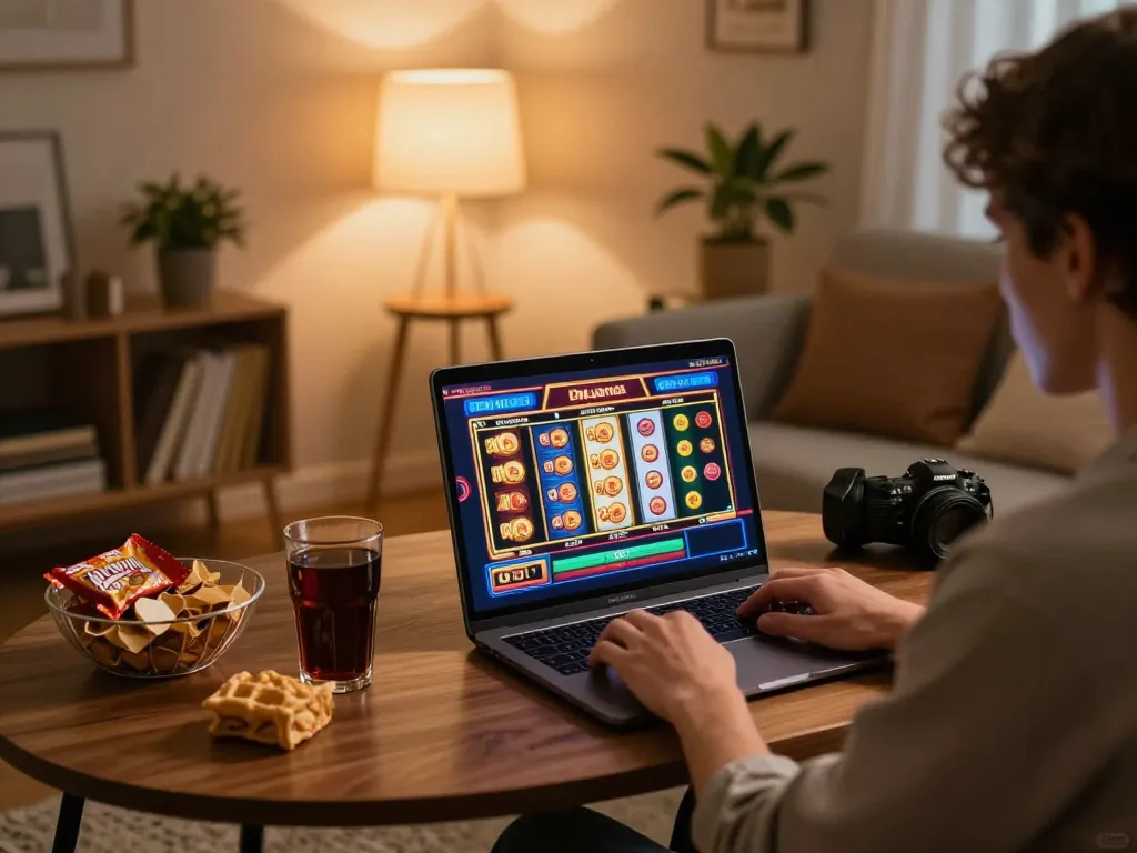 Player enjoying f168 slots on a laptop, cozy home atmosphere with snacks and warm lighting.