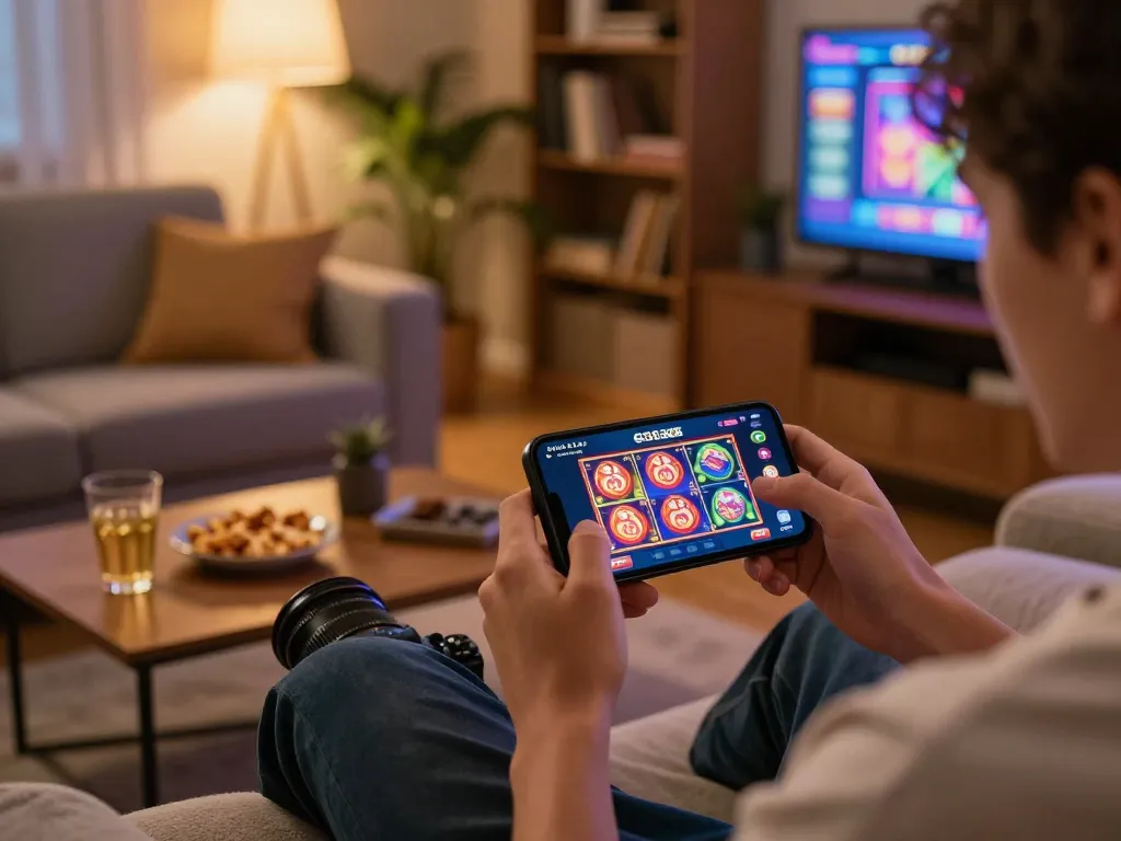 Engaging moment of mobile gaming with the NHÀ CÁI GG88 app on smartphone, showcasing vibrant slot graphics in a cozy living room